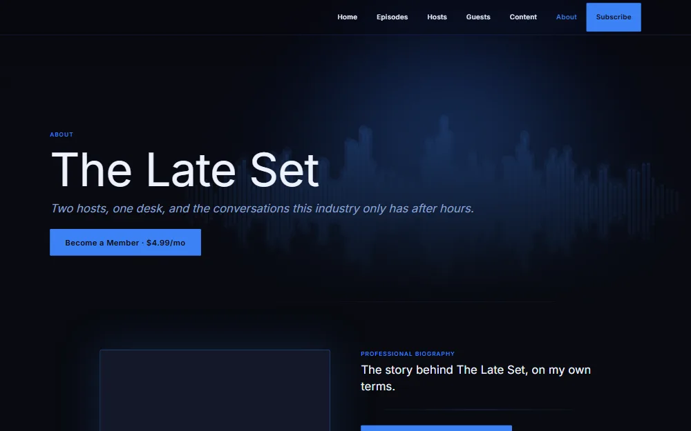 Podcast theme, the about page, captured from the sample site
