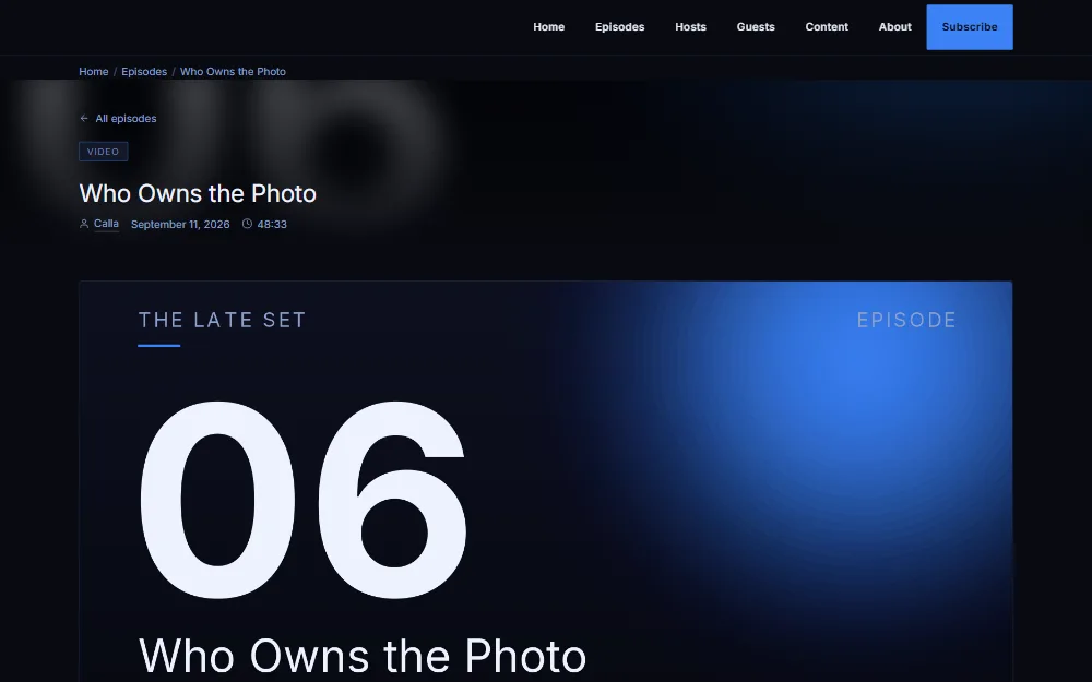 Podcast theme, an episode page, captured from the sample site