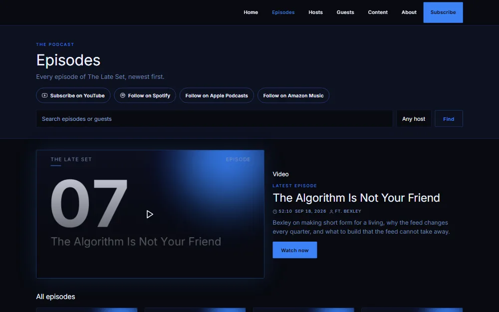Podcast theme, the episode archive, captured from the sample site