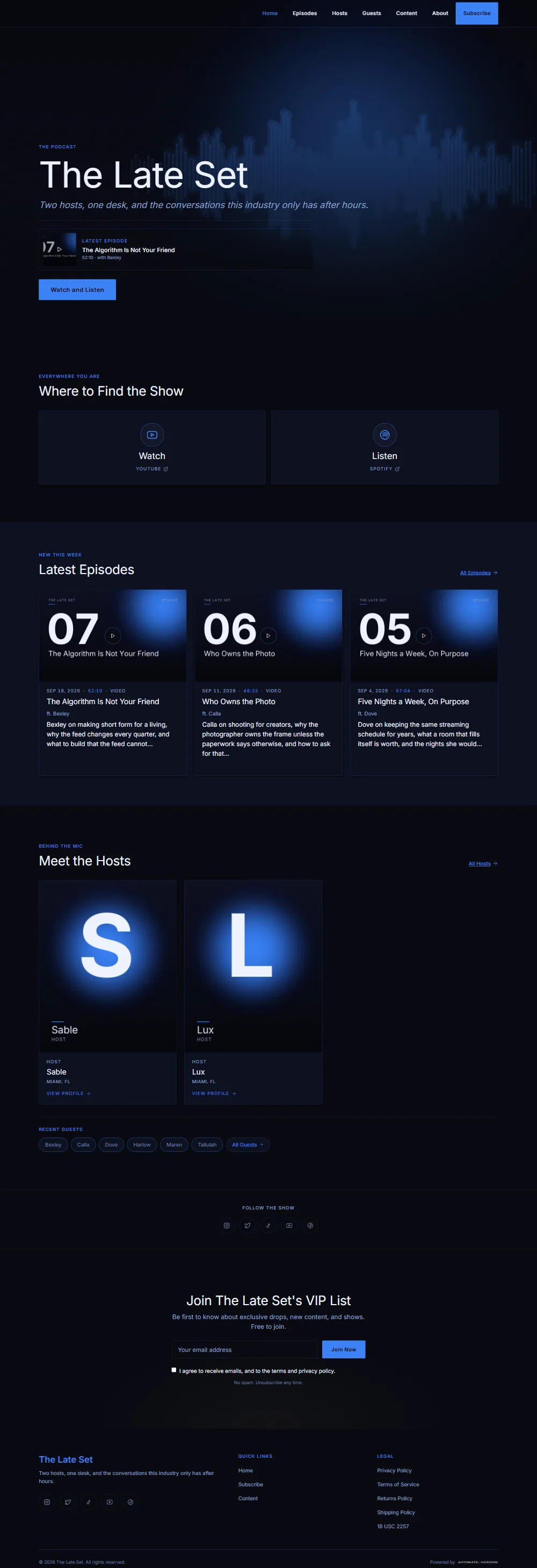Podcast theme, the home page, top to bottom, captured from the sample site