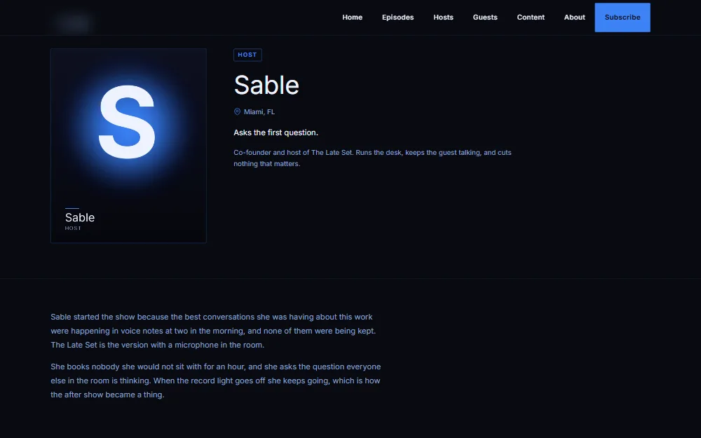 Podcast theme, a host profile, captured from the sample site